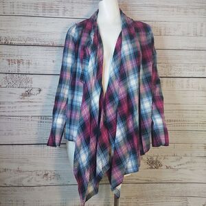 Womans Top sz S/P Pink Purple Black Plaid Open Waterfall Front Long Sleeve